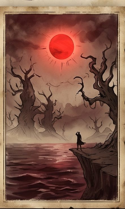 Un hombre solitario contempla un eclipse rojizo sobre un mar teñido de sangre, entre árboles mutados por la radiación.